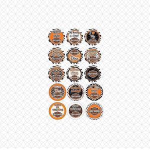 Puede incluir: Una colección de quince pegatinas circulares con diseños en naranja, negro y blanco con la marca Harley-Davidson. Las pegatinas muestran varias frases, incluyendo Biker Babe, My Mommy is a Biker, Biker Diva e I Love My Bike.
