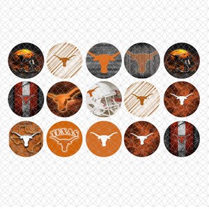 May include: A collection of fifteen circular stickers featuring various designs of the Texas Longhorns logo, including orange and white bull silhouettes, football helmets, and textured backgrounds in shades of orange, white, grey, and black.