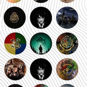 May include: A collection of circular images featuring various designs and characters from the Harry Potter series. The images include the Hogwarts crest, Harry Potter's portrait, and scenes from the movies. The color palette includes gold, red, blue, and green.