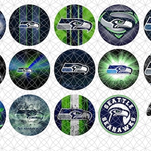 May include: A collection of circular designs featuring the Seattle Seahawks logo. The designs vary in background patterns and colors, including blue, green, and white. Some designs have a grunge or distressed look, while others have a glowing effect.