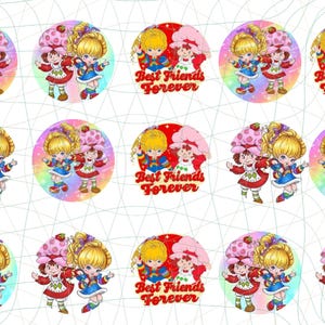 May include: A collection of circular stickers featuring two cartoon characters. One character has blonde hair and wears a blue outfit, while the other has red hair and wears a red outfit. Some stickers have the text "Best Friends Forever".