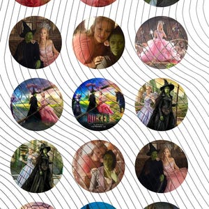 May include: A collection of circular images featuring scenes and characters from the musical "Wicked." The images showcase actresses in costumes, including a green-skinned witch, and scenes with a pink dress and a black witch hat.