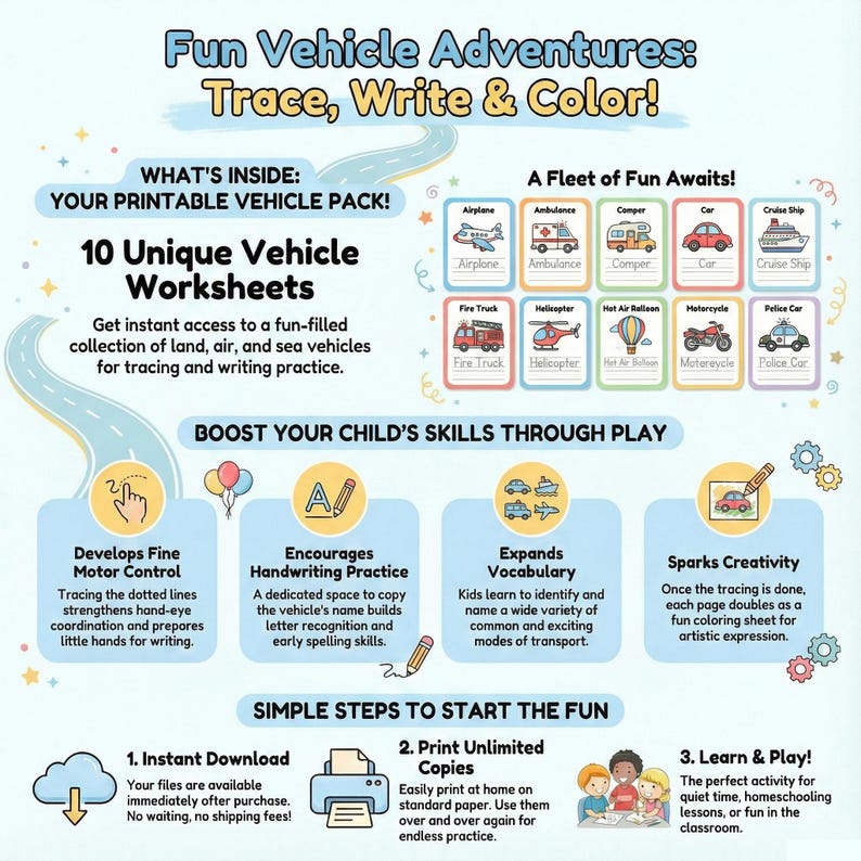 Vehicle Tracing and Coloring Activity Pages, 10 Coloring Worksheets ...