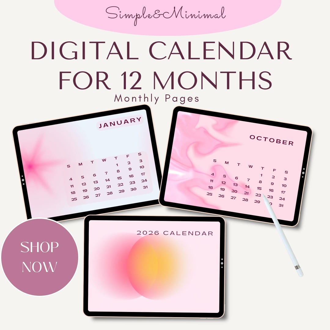 Pink Themed 2026 Digital Calendar / 12 Month Printable Planner PDF - Etsy