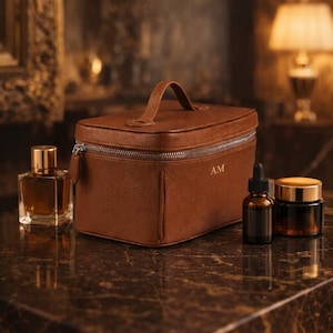 Monogram Leather Travel Case, Personalized Initial Vanity Bag, Genuine Leather Cosmetic Organizer, Luxury Gift for Her