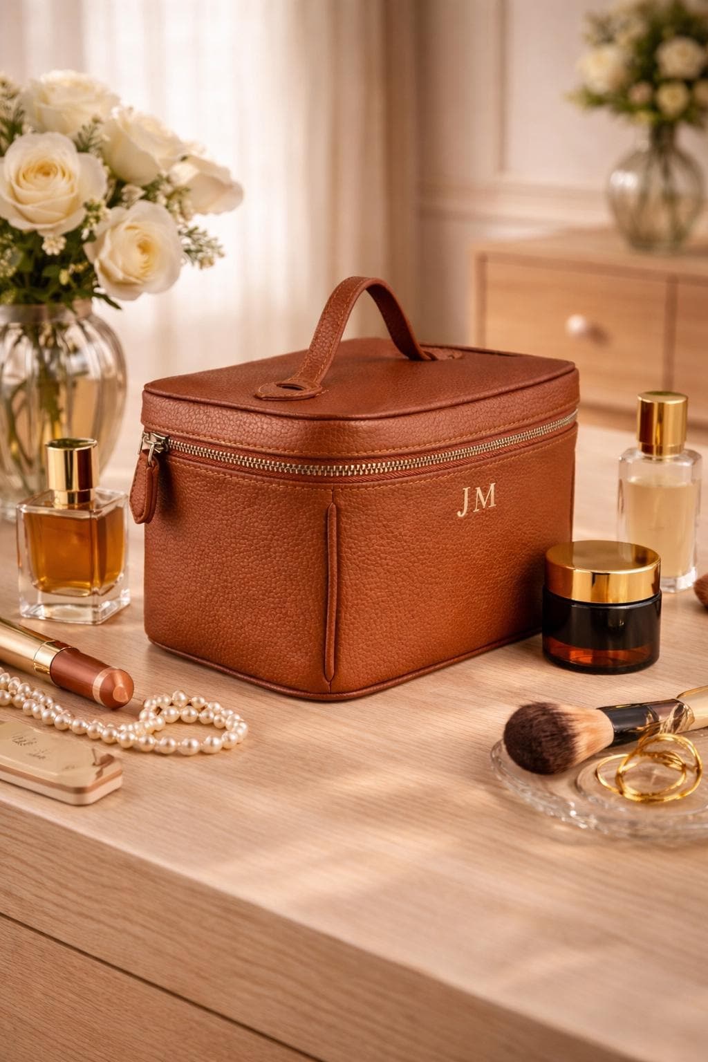 Personalized Leather Vanity Case, Genuine Leather Travel Organizer, Handmade Cosmetic Storage Bag, Luxury Gift for Her