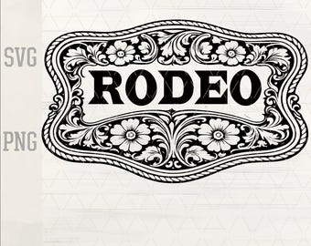 Rodeo Western Belt Buckle SVG PNG | Cowboy Cowgirl Floral Scroll Design | Leather Engraving File | Hat Patch Laser Cut Vector