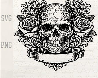Gothic Skull Roses SVG | Tattoo Skull Scroll Design | Laser Engraving SVG | Cricut Silhouette Cut File | Dark Skull PNG