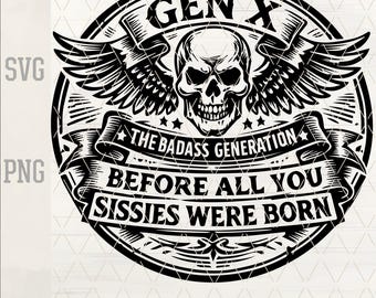 Gen X Badass Skull SVG PNG | Retro Biker Leather Patch Cut File (Digital Download)
