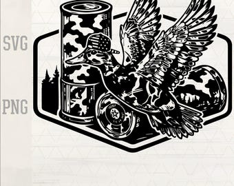 Flying Mallard Duck SVG PNG, Camo Shotgun Shells Duck Hunting Design, Waterfowl Southern Camo Laser Engrave Hat Patch Cut File,