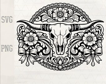 Tooled Leather Longhorn Skull Coquette SVG PNG DXF | Sheridan Style Carving Tooling Pattern | Western Leathercraft Cut File