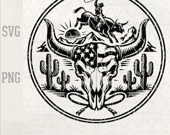 Texas Longhorn Bull Skull SVG, Patriotic USA Rodeo Cowboy Bull Rider, Western Laser Engraving File, Leather Hat Patch, Cricut Cut File