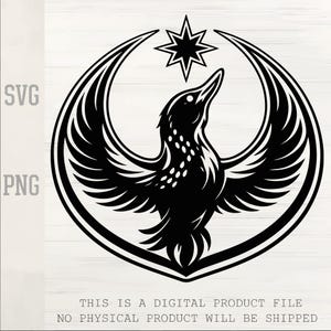 Puede incluir: Gráfico negro de un pájaro con las alas extendidas, encerrado en un marco circular, y una estrella sobre su cabeza. La imagen incluye el texto "SVG" y "PNG" en el lado izquierdo y un descargo de responsabilidad en la parte inferior.