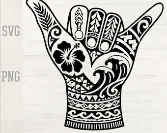 Polynesian Shaka SVG Maori Hand Sign PNG Hang Loose Clip Art Hawaiian Aloha Surfer Tattoo Silhouette Cut File