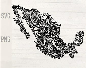 Mexico Aztec Eagle SVG PNG | Mayan Pyramid Map Design | Mexican Heritage Laser Engraving Cut File