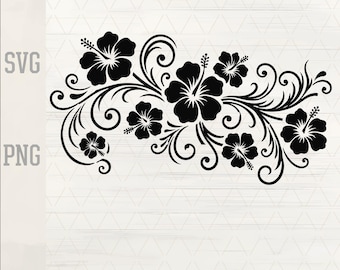 Elegant Tropical Hibiscus SVG | Floral Scrollwork PNG | Botanical Vine Cut File | Laser Engraving Vector | Decorative Flower Silhouette