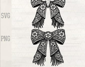 Western Floral Cowgirl Bow SVG PNG Bundle | Longhorn Skull Tooled Leather Fringe Bow | Coquette Western Cut File for Cricut & Sublimation