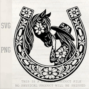 May include: Black and white digital art of a horseshoe with floral accents, a horse, and a person wearing a cowboy hat. The horse and person are touching noses. The image includes the text "SVG" and "PNG".