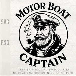 May include: A black and white graphic illustration of a bearded captain wearing a peaked cap with an anchor emblem, smoking a pipe with swirling smoke. The circular design features the text MOTOR BOAT CAPTAIN in bold black lettering.
