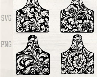 Cow Ear Tag SVG Bundle, Cattle Tag PNG, Western Floral Tooled Leather, Laser Engraving File, Rancher Hat Patch