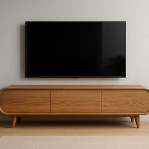 Könnte beinhalten: Ein modernes Wohnzimmer-Setup mit einem großen, schwarzen Flachbildfernseher an einer hellgrauen Wand. Unter dem Fernseher befindet sich ein Holz-TV-Schrank mit drei Türen. Links steht eine Topfpflanze mit grünen Blättern.