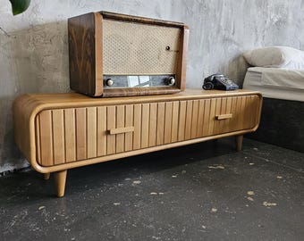 Handmade Solid Oak TV Stand  Scandinavian Slatted Media Console