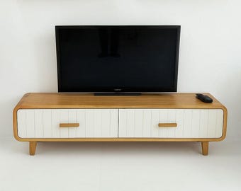 Solid Wood TV Stand with Slatted Doors | Modern Scandinavian Media Console | Low TV Cabinet