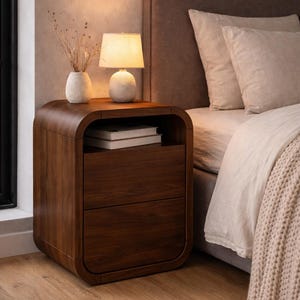 Peut inclure: Une table de chevet en bois brun foncé avec deux tiroirs et des bords arrondis. Une petite lampe avec un abat-jour blanc et un vase décoratif sont posés dessus. La table de chevet est à côté d'un lit avec une tête de lit et une literie de couleur neutre.