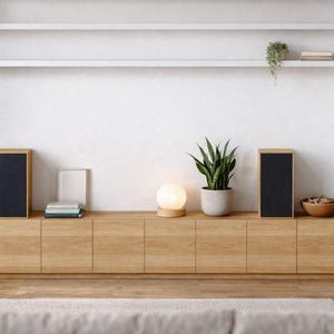 May include: A contemporary living room scene with a light oak cabinet. Two rectangular speakers with black fabric panels are positioned on the cabinet. A small, spherical lamp and potted plants are also present. A white shelf is mounted above.