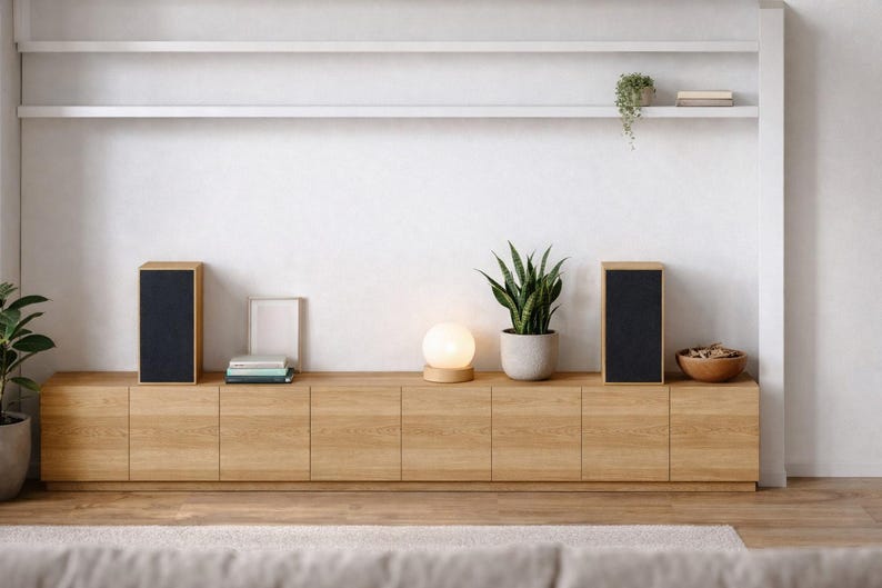 Puede incluir: Una moderna configuraci&oacute;n de sala de estar con un mueble de madera de roble claro con m&uacute;ltiples puertas. Dos altavoces rectangulares con frentes de tela negra flanquean el mueble. Una peque&ntilde;a l&aacute;mpara redonda y plantas en macetas se suman a la decoraci&oacute;n. Una estanter&iacute;a blanca est&aacute; montada arriba.