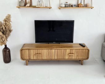 Solid Wood TV Stand • Scandinavian Minimalism • Media Console with Rounded Corners and Fluted Doors