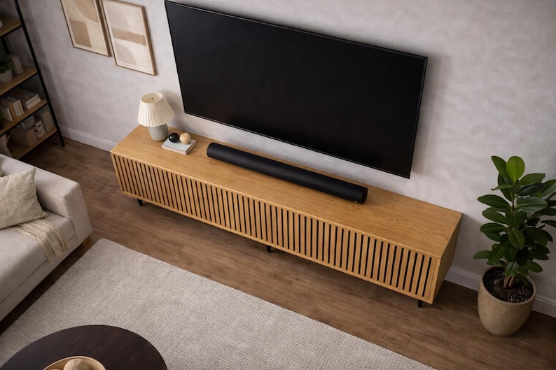 May include: A modern living room setup featuring a large black television mounted on a light gray wall. Below the TV is a light wood entertainment center with vertical slat detailing. A black soundbar rests on the center. A small lamp and plant add to the decor.
