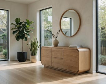 Könnte beinhalten: Ein Sideboard aus hellem Eichenholz mit abgerundeten Kanten, mit zwei Türen und einer Schublade. Über dem Sideboard hängt ein runder Spiegel, mit einer kleinen Vase und dekorativen Zweigen. Zwei Topfpflanzen befinden sich im Raum.
