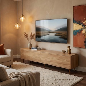 TV-bänk i massiv ek Modern mediakonsol Skandinavisk trä-TV-skåp Underhållningscenter