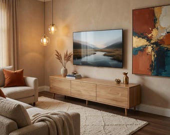 以下が含まれることがあります： 木製のメディアコンソールの上に設置された大きな薄型テレビを備えたモダンなリビングルーム。オレンジ色のクッションが付いたベージュのソファ、模様入りのラグ、抽象的なアートワークがあります。ガラスのグローブペンダントライトが天井から吊り下げられています。