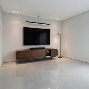 solid wood entertainment center with open shelves and storage