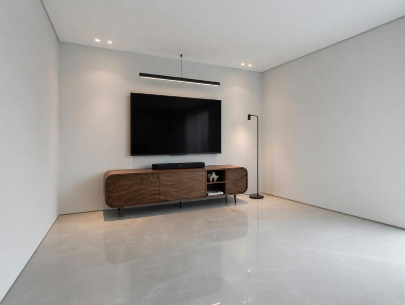 solid wood entertainment center with open shelves and storage