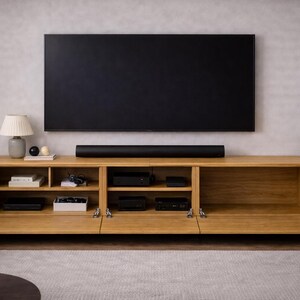 May include: A modern, light oak entertainment center with a large black television mounted above. The cabinet has open shelving and doors, with a soundbar below the TV. A lamp and plant add decor.