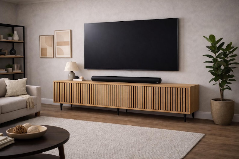 May include: A modern living room setup featuring a large black television mounted above a wooden cabinet with vertical slat detailing. A black soundbar sits on the cabinet. The room includes a sofa, rug, and a potted plant.