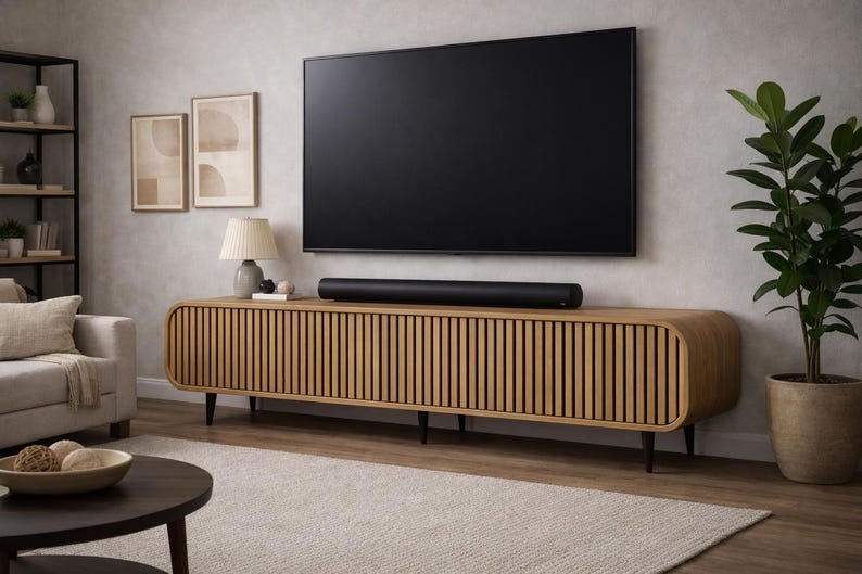 May include: A modern living room setup featuring a large black television mounted above a light wood cabinet with vertical slat detailing. A black soundbar sits on the cabinet. A potted plant and artwork complete the decor.