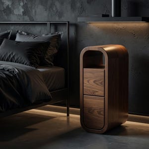 May include: A contemporary wooden bedside table with a rounded design. It features two drawers and an open top shelf. The wood is a deep, dark brown. The table is positioned beside a bed with black bed linen.
