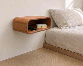 Flytande nattduksbord, väggmonterad trähylla, sovrumsmöbler i massivt trä, minimalistisk modern design