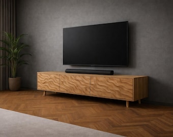 Solid Wood Media Console with 3D Textured Doors Modern Rectangular TV Stand