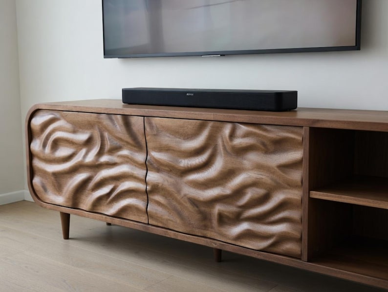 walnut solid wood tv stand with 3D carved doors modern design