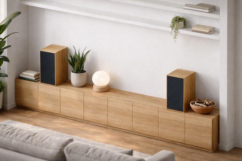 Puede incluir: Altavoces de madera con frentes de tela negra sobre un mueble largo de madera clara. Una peque&ntilde;a l&aacute;mpara redonda y plantas en macetas tambi&eacute;n est&aacute;n en el mueble. La habitaci&oacute;n tiene un dise&ntilde;o moderno y minimalista.
