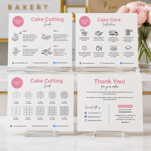 May include: Four white informational cards with pink accents featuring a Cake Cutting Guide, Cake Care Instructions, and a Thank You note. The cards include black line icons, text instructions, serving size charts, and social media icons.