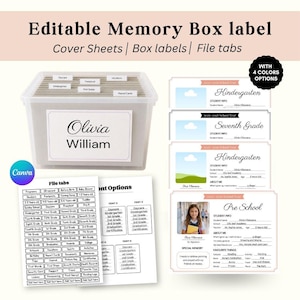 May include: An editable memory box label kit featuring a clear plastic storage bin with a personalized label, multiple school year cover sheets, and organized file tabs. The set includes various templates for student information and school records.