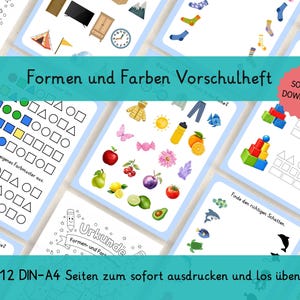 May include: A collection of 12 DIN-A4 pages featuring educational activities for preschoolers. The pages include colorful illustrations of shapes, fruits, and objects, with text in German. The pages are designed for immediate download and use.