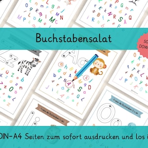 Könnte beinhalten: Eine Sammlung druckbarer Arbeitsblätter für Kinder. Die Arbeitsblätter zeigen farbenfrohe Buchstaben, Tierillustrationen und den Text "Buchstabensalat". Das Bild enthält den Text "SOFORT DOWNLOAD".