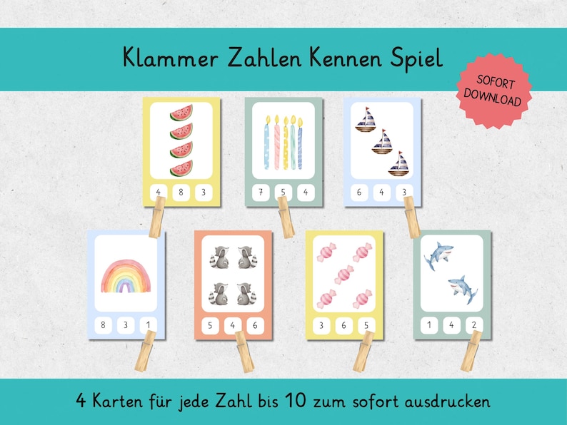 May include: Educational flashcards with watercolor illustrations of watermelons, candles, sailboats, rainbows, elephants, candies, and sharks. Each card has a number and wooden clothespins. The text on the cards reads "Klammer Zahlen Kennen Spiel".